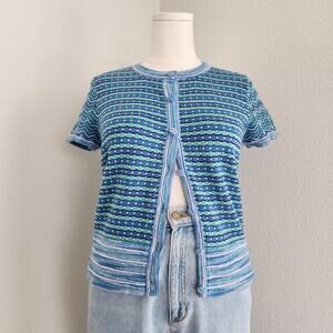 Vintage Y2K Liz Claiborne Blue Stripe Knit Button Up Short Sleeve Cardigan Top L
